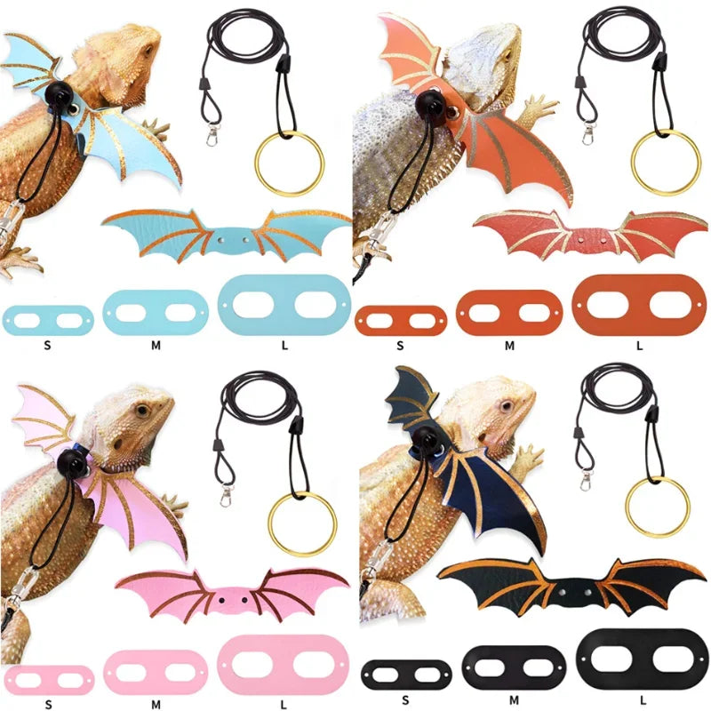 New Adjustable Bearded Dragon Leash with Bat Wings Soft Leather Lizard Harness for Amphibians and Other Small Reptile