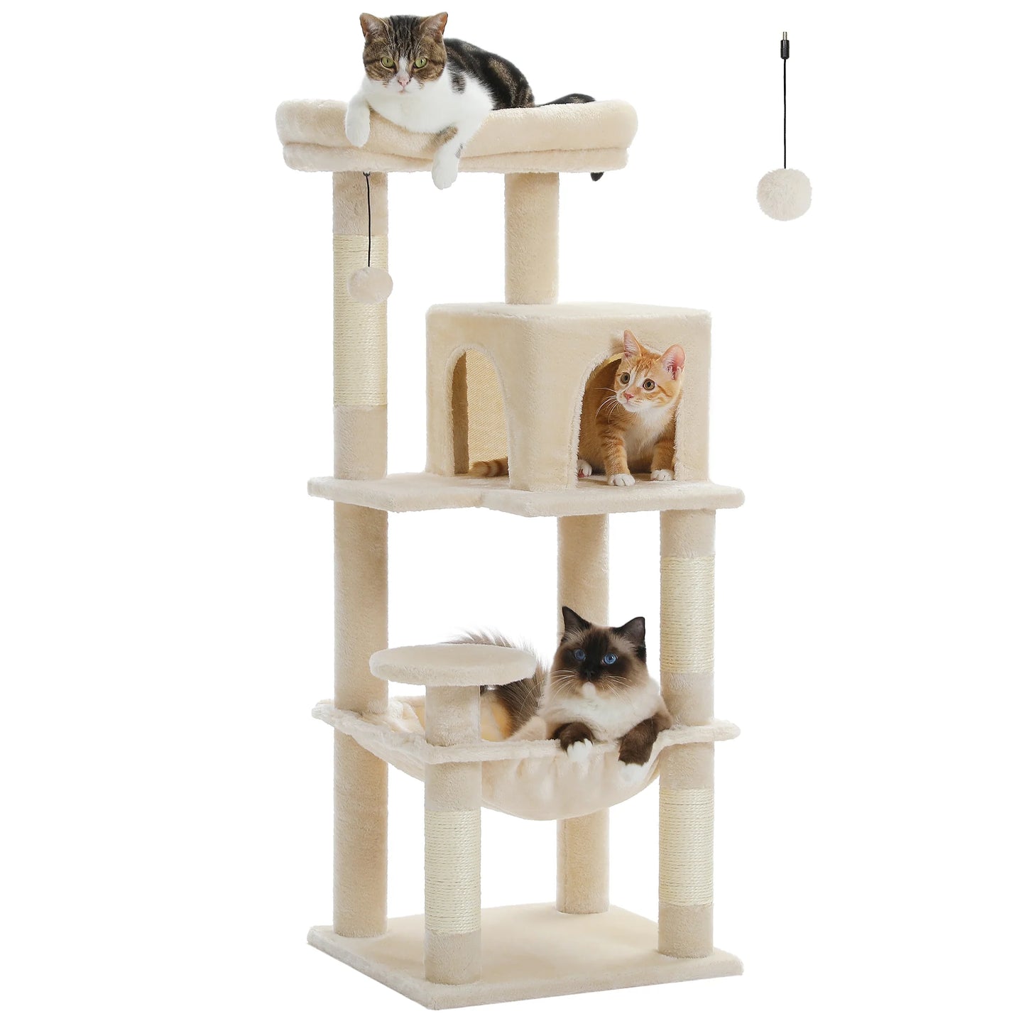Cat Tree Condo 46”With Sisal Covered Scratching Posts Tower Deep Hammock and Large Perch for Small Cats, Beige