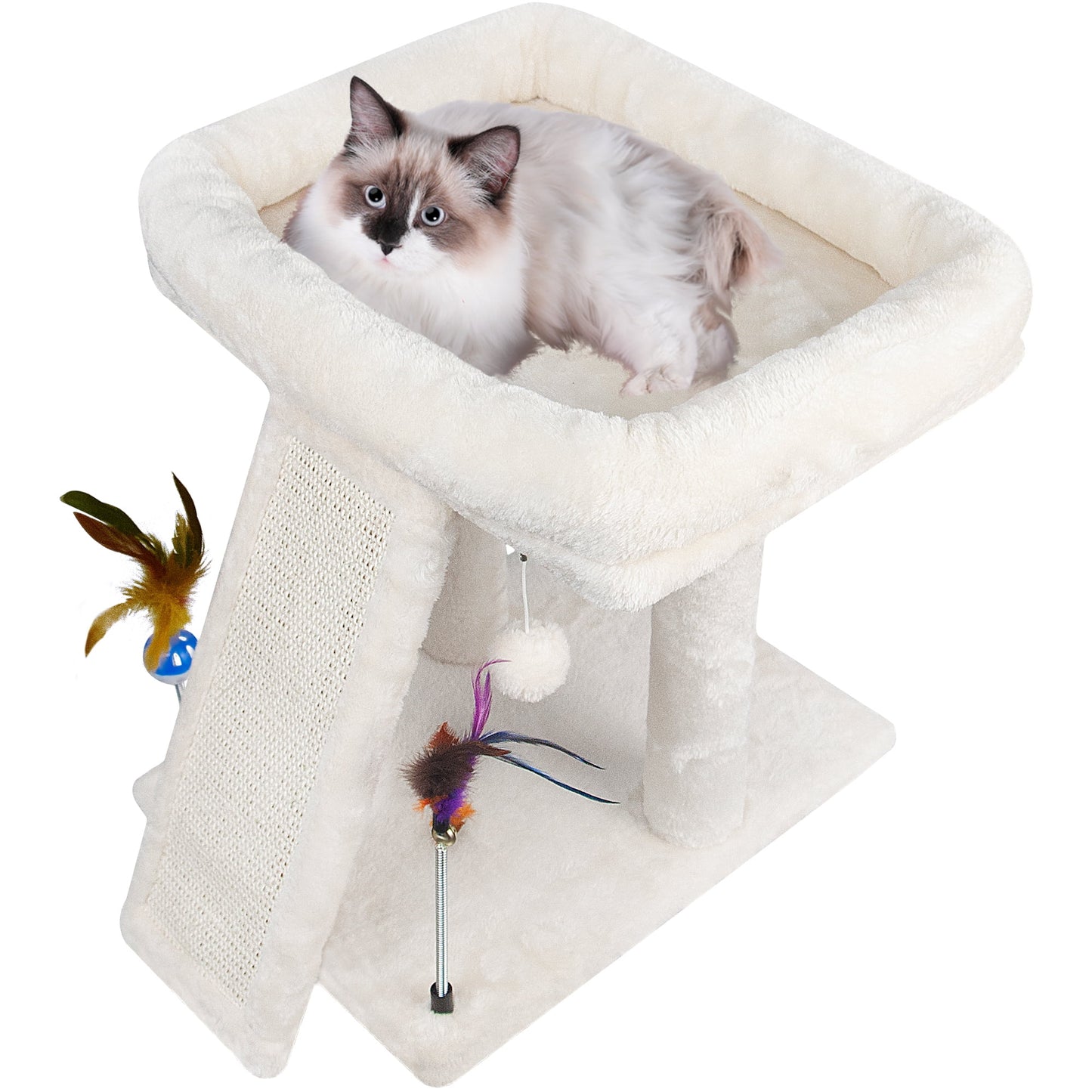 Cat Tree with Cat Condo Scratch Post Hammock Hanging Ball, Beige