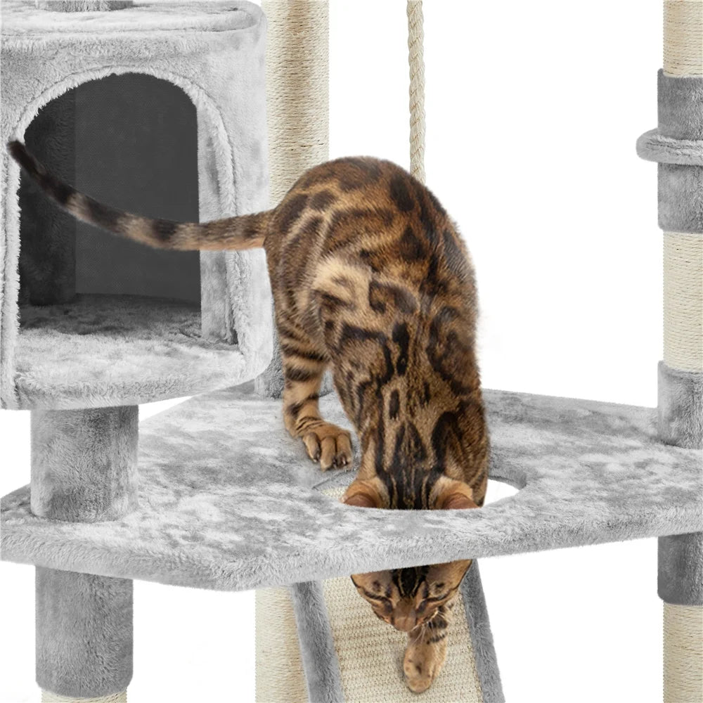 Multi-Level Cat Tree Condo Tower with Basket, Scratching Posts & Ramp Light Gray, 79'' H