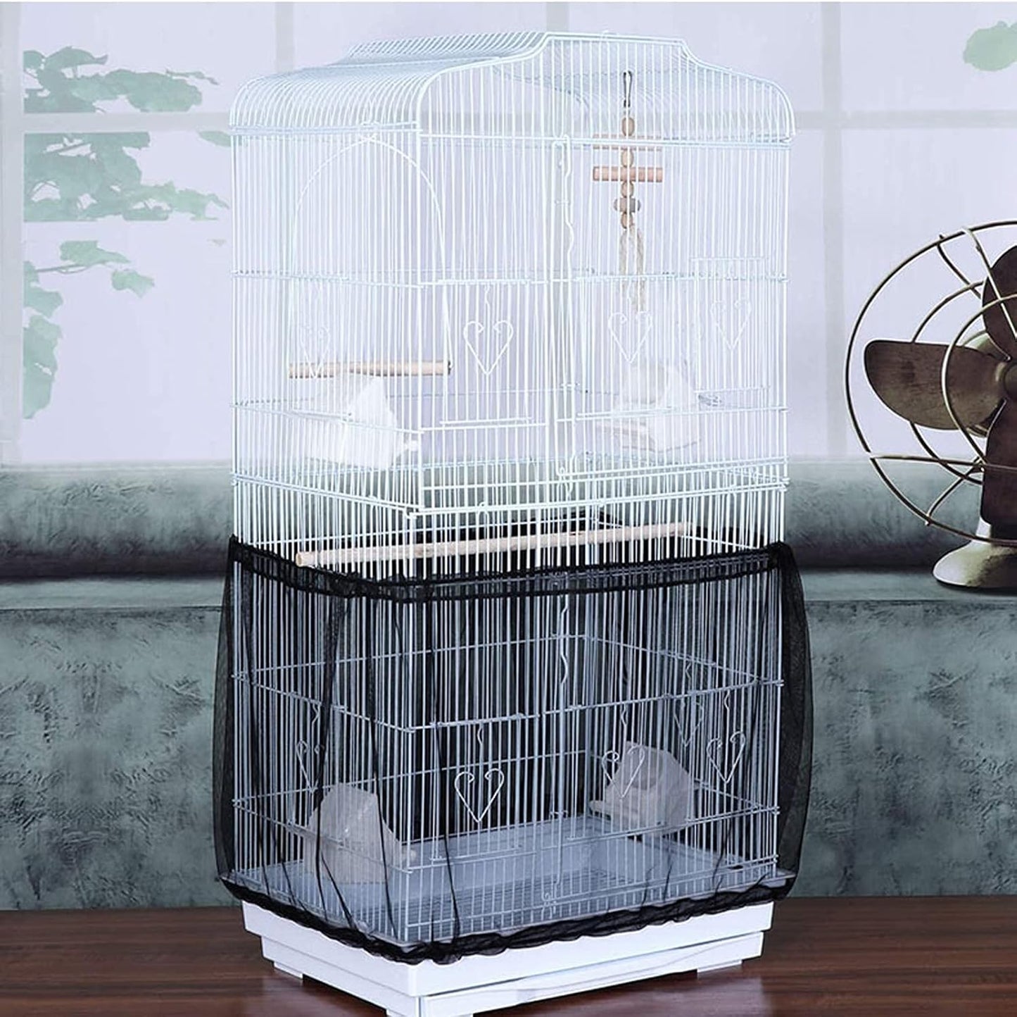 Bird Cage Seed Catcher, Airy Gauze Seeds Bird Cage Cover Guard Dust-Proof Universal Birdcage Accessories Parrot Bird Nylon Mesh Net Cover Stretchy Shell Skirt Traps Cage Basket (XL, Black)