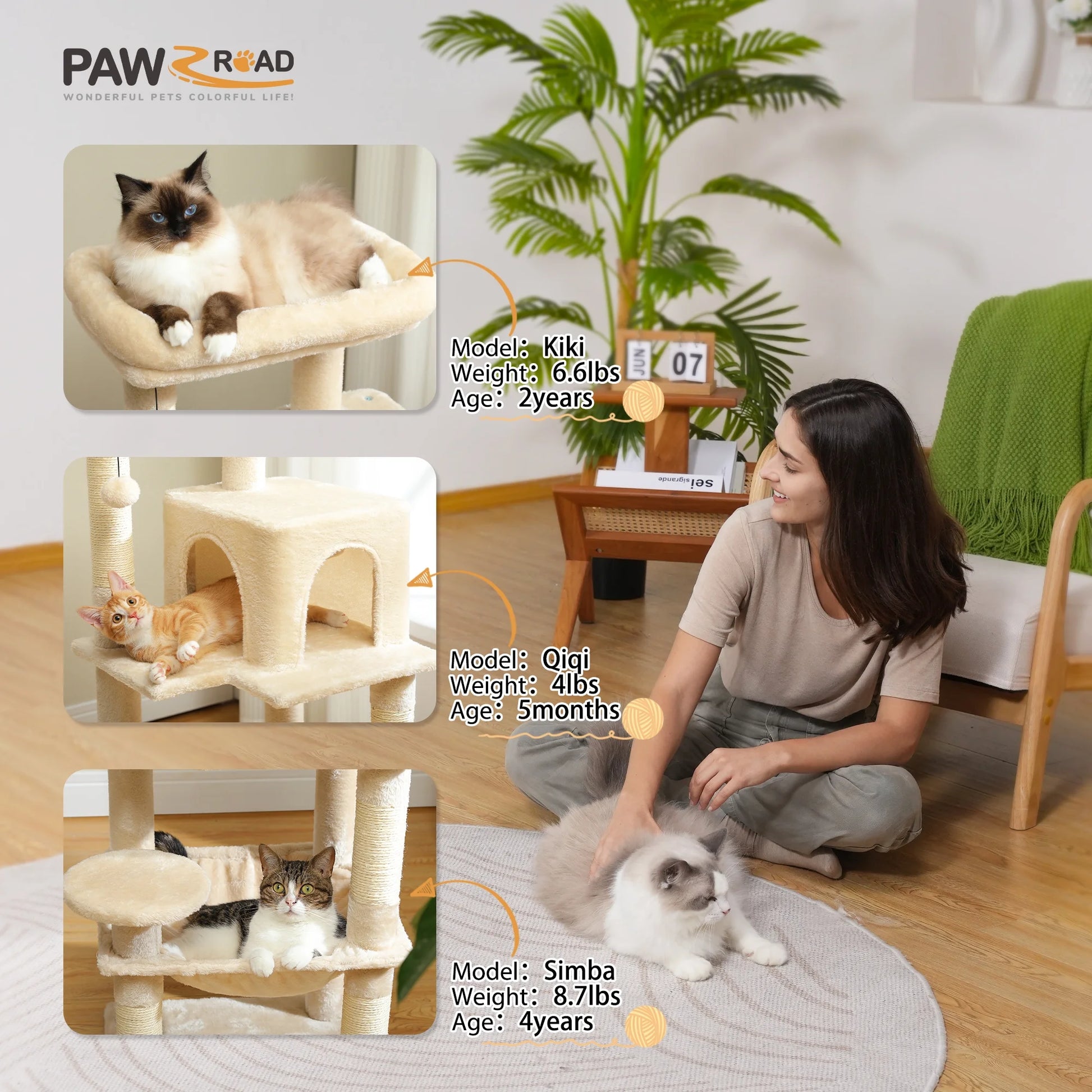 Cat Tree Condo 46”With Sisal Covered Scratching Posts Tower Deep Hammock and Large Perch for Small Cats, Beige